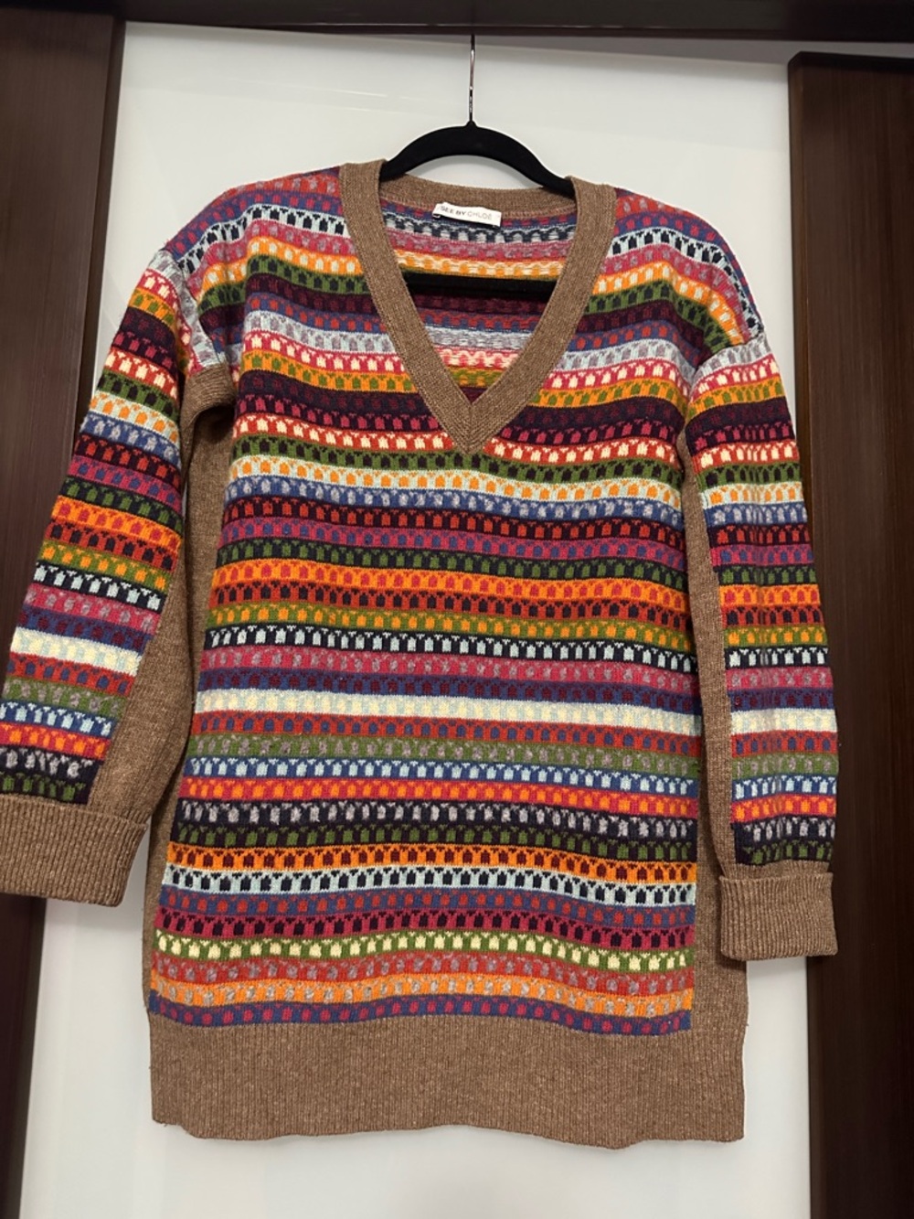 See By Chloe Multicolor Striped V-Neck Sweater with Tan Trim